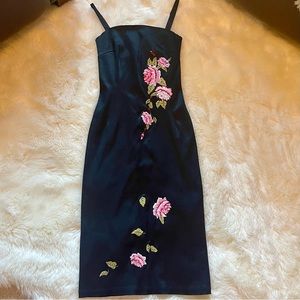 Curve hugging body-con black dress with pink and red floral embroidery - S (2-4)
